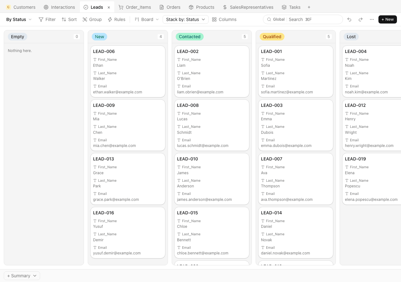 Mochi kanban board — leads grouped by pipeline status, with a detail panel open
